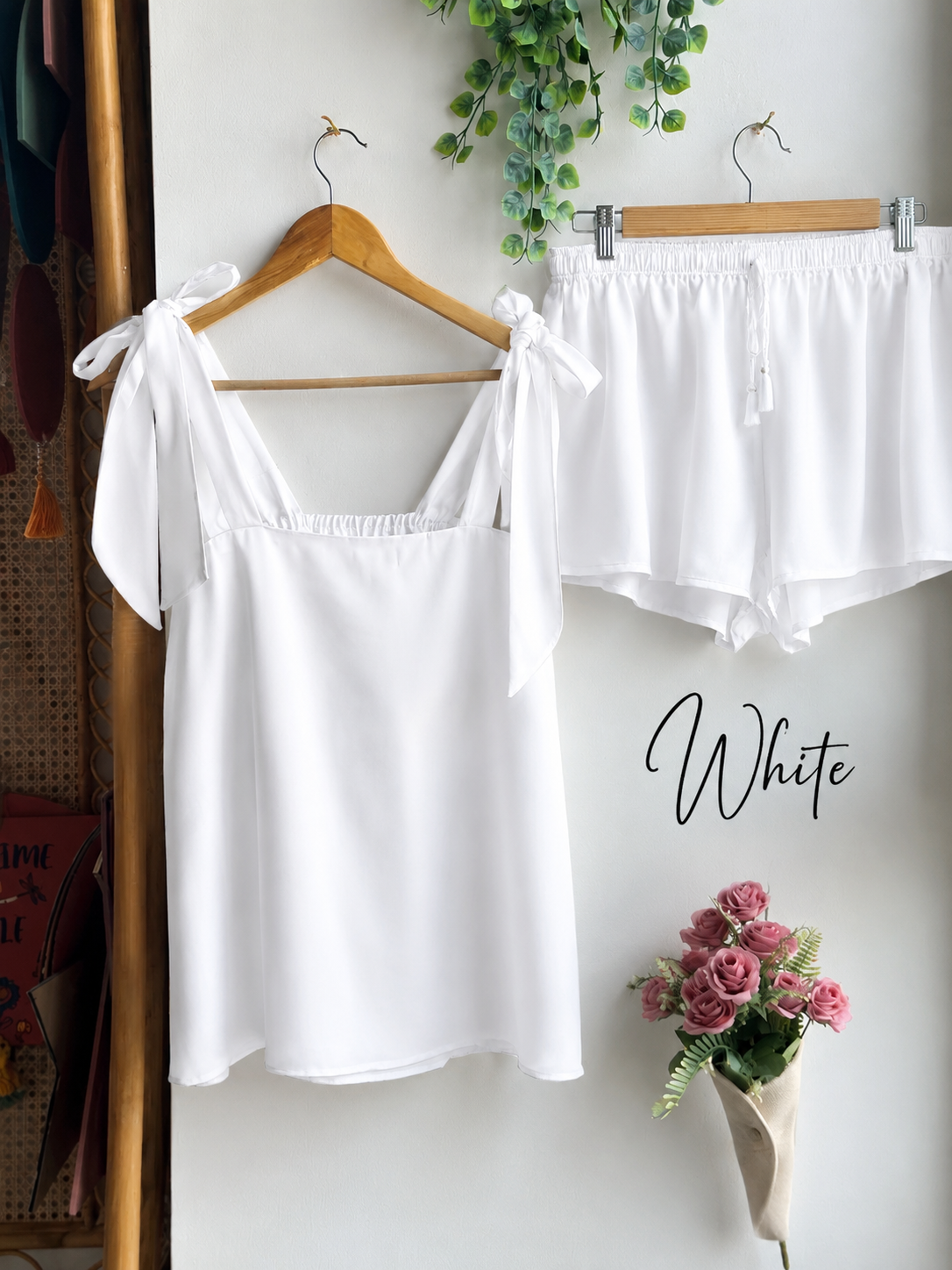 Satin Tie Knot Pajamas - White