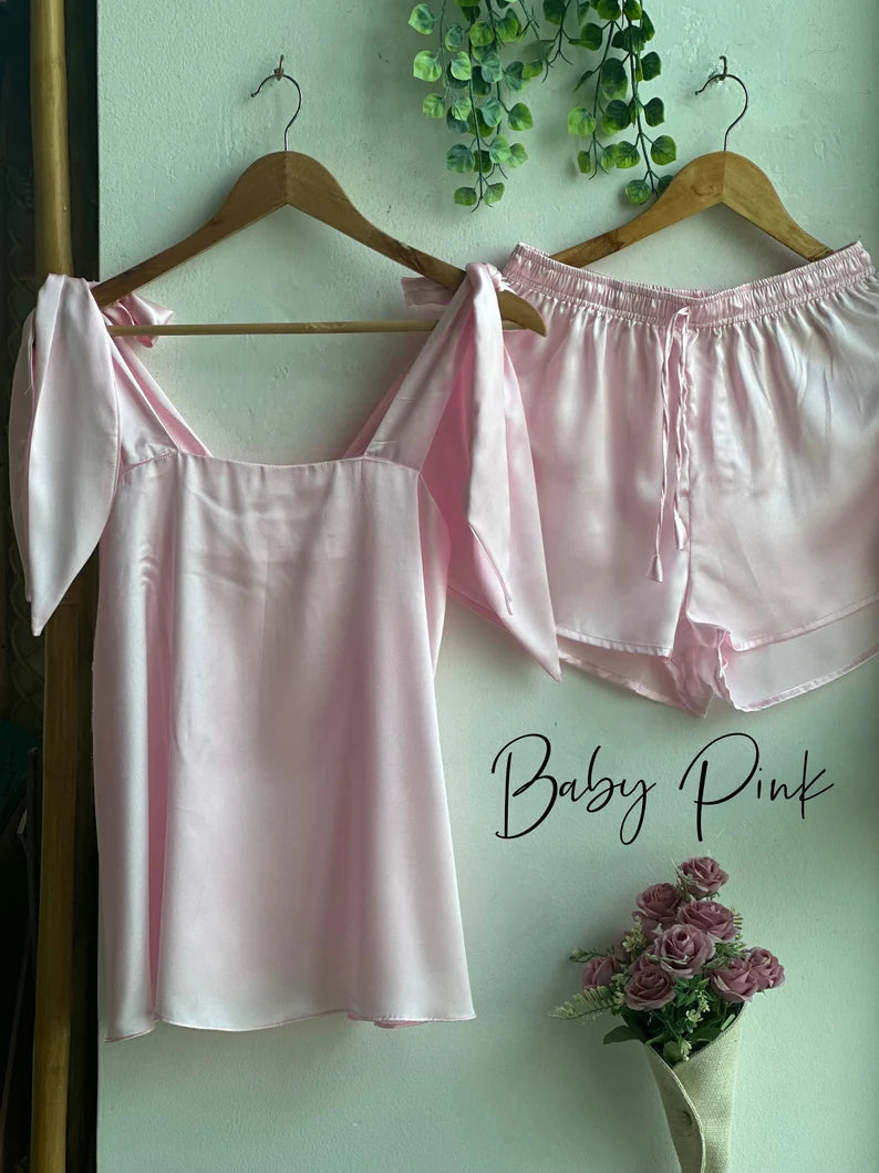 Satin Tie Knot Pajamas - Baby Pink