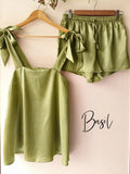 Satin Tie Knot Pajamas - Basil
