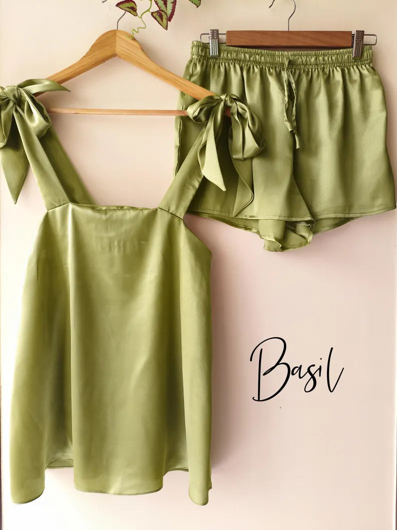 Satin Tie Knot Pajamas - Basil