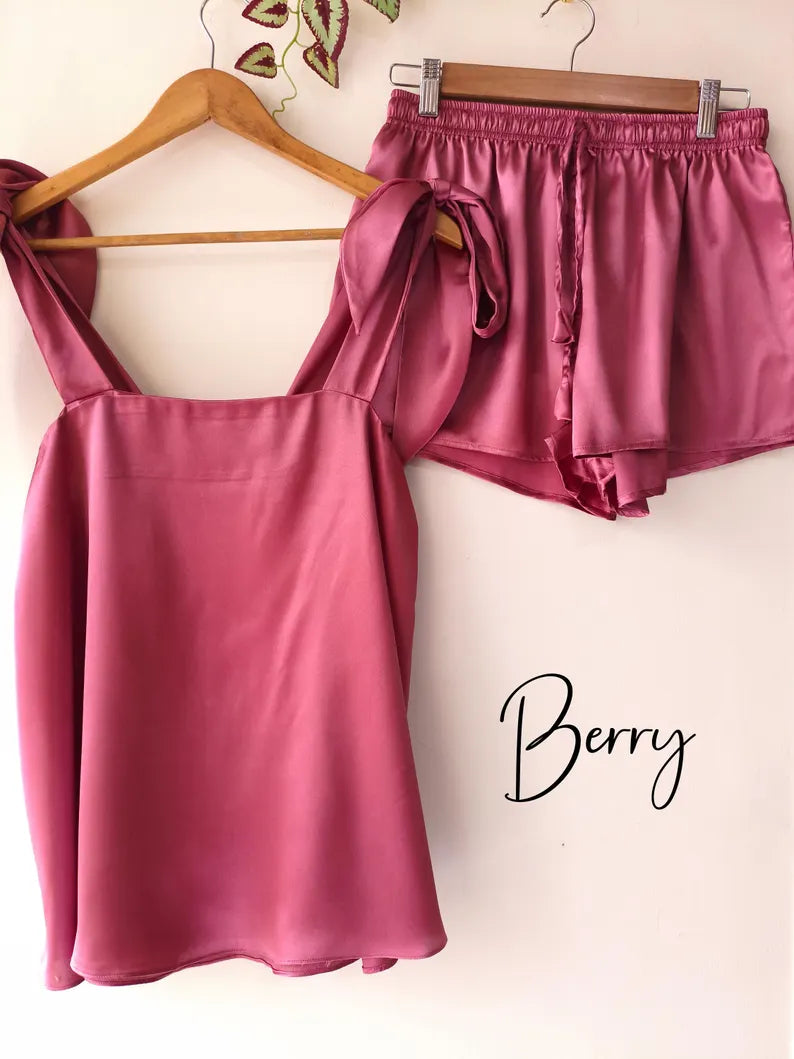 Satin Tie Knot Pajamas - Berry
