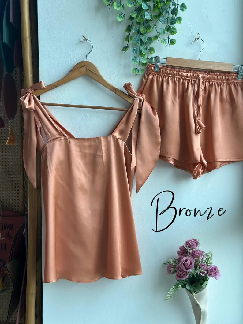 Satin Tie Knot Pajamas - bronze