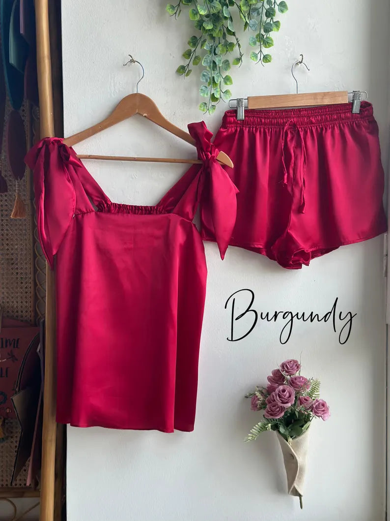 Satin Tie Knot Pajamas - Burgundy