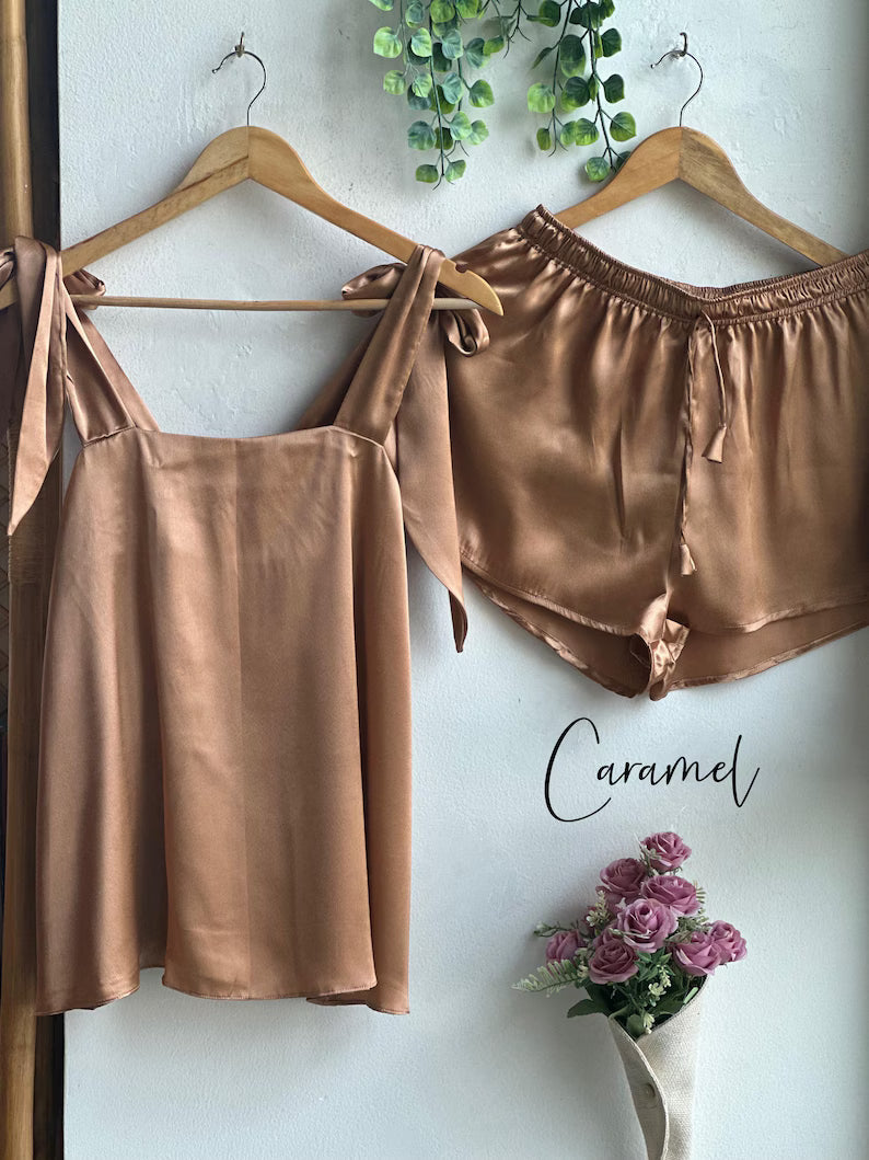 Satin Tie Knot Pajamas - Caramel