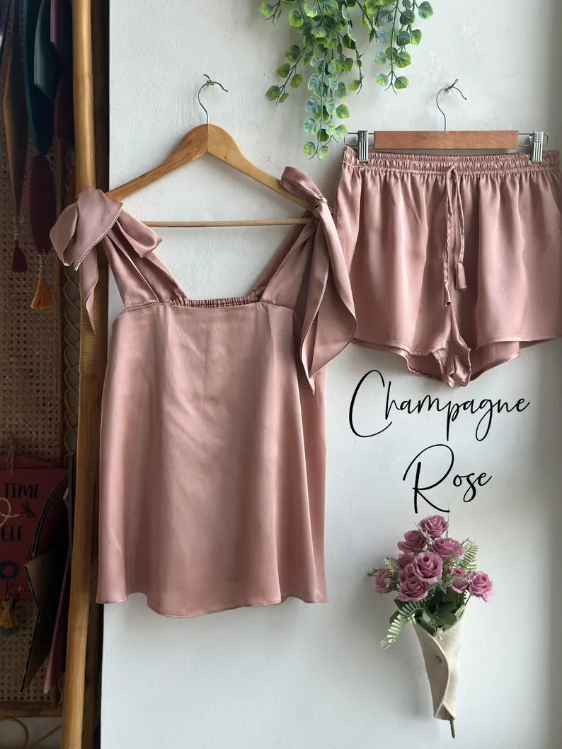 Satin Tie Knot Pajamas - Champagne Rose