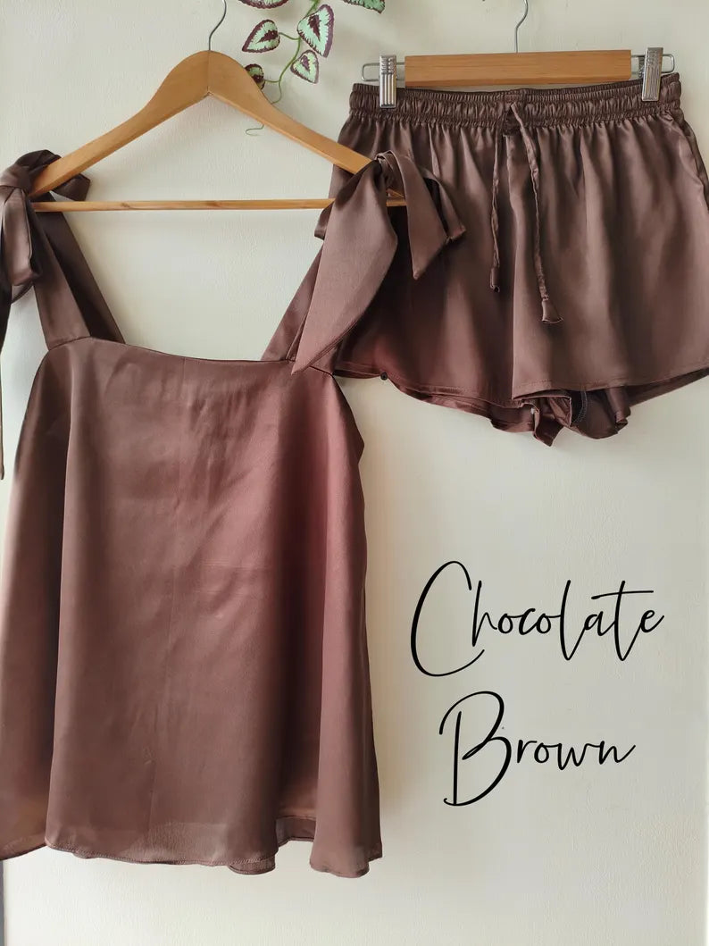 Satin Tie Knot Pajamas - Chocolate Brown
