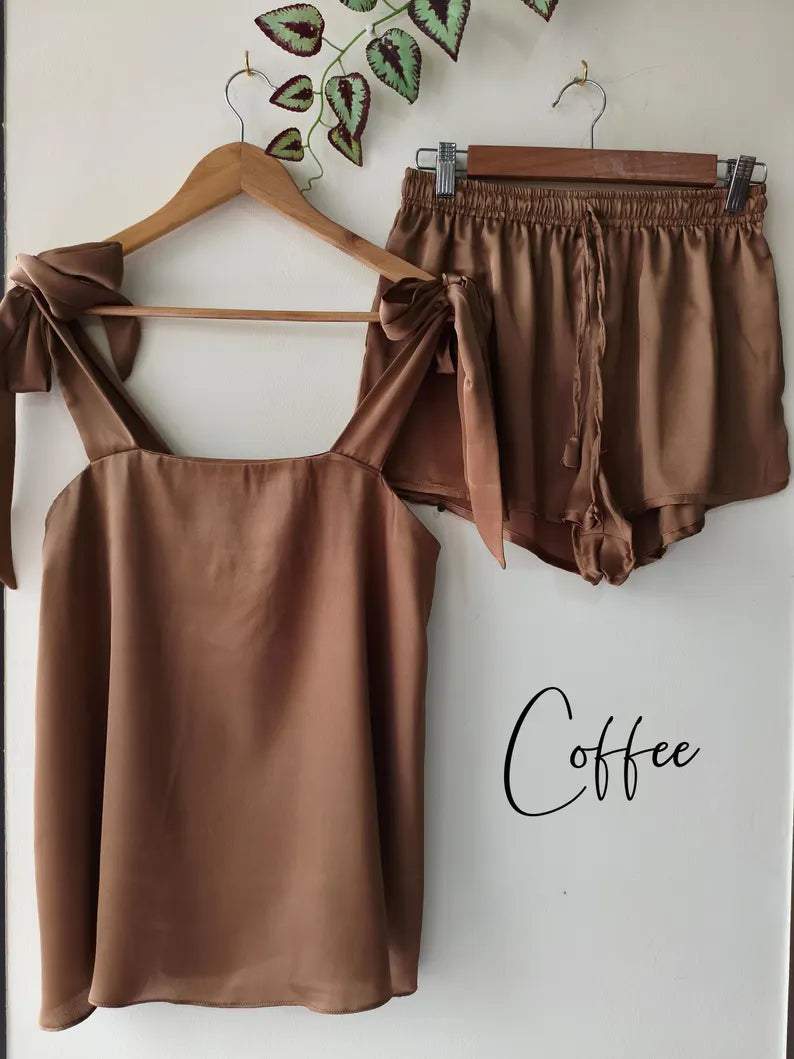 Satin Tie Knot Pajamas - Coffee