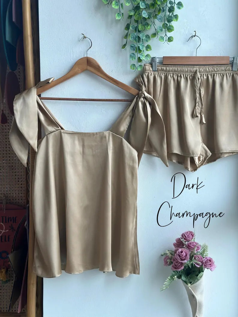 Satin Tie Knot Pajamas - Dark Champagne