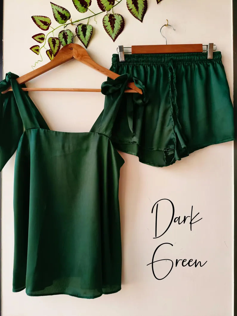 Satin Tie Knot Pajamas - Dark Green