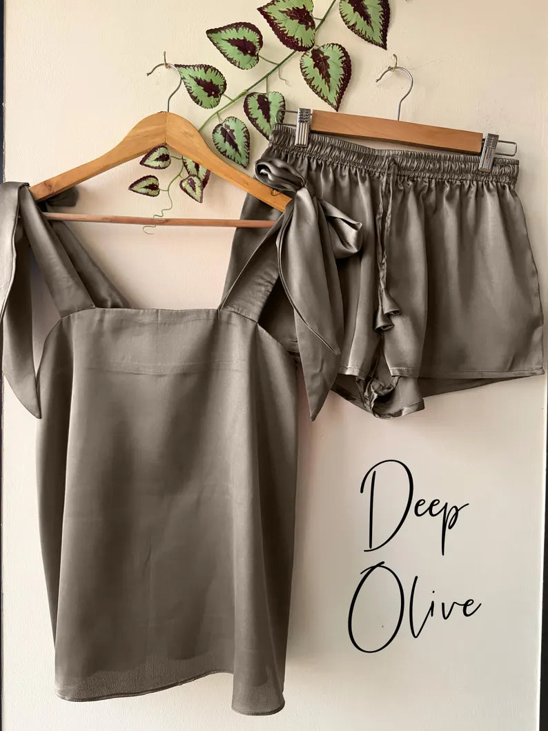 Satin Tie Knot Pajamas - Dark olive