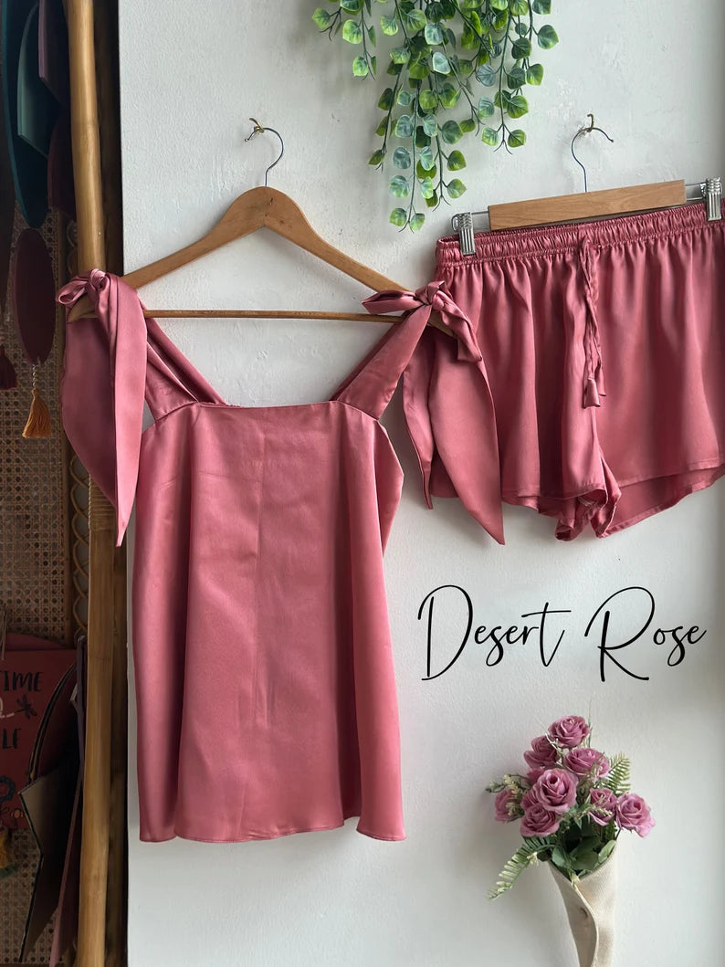 Satin Tie Knot Pajamas - Desert Rose