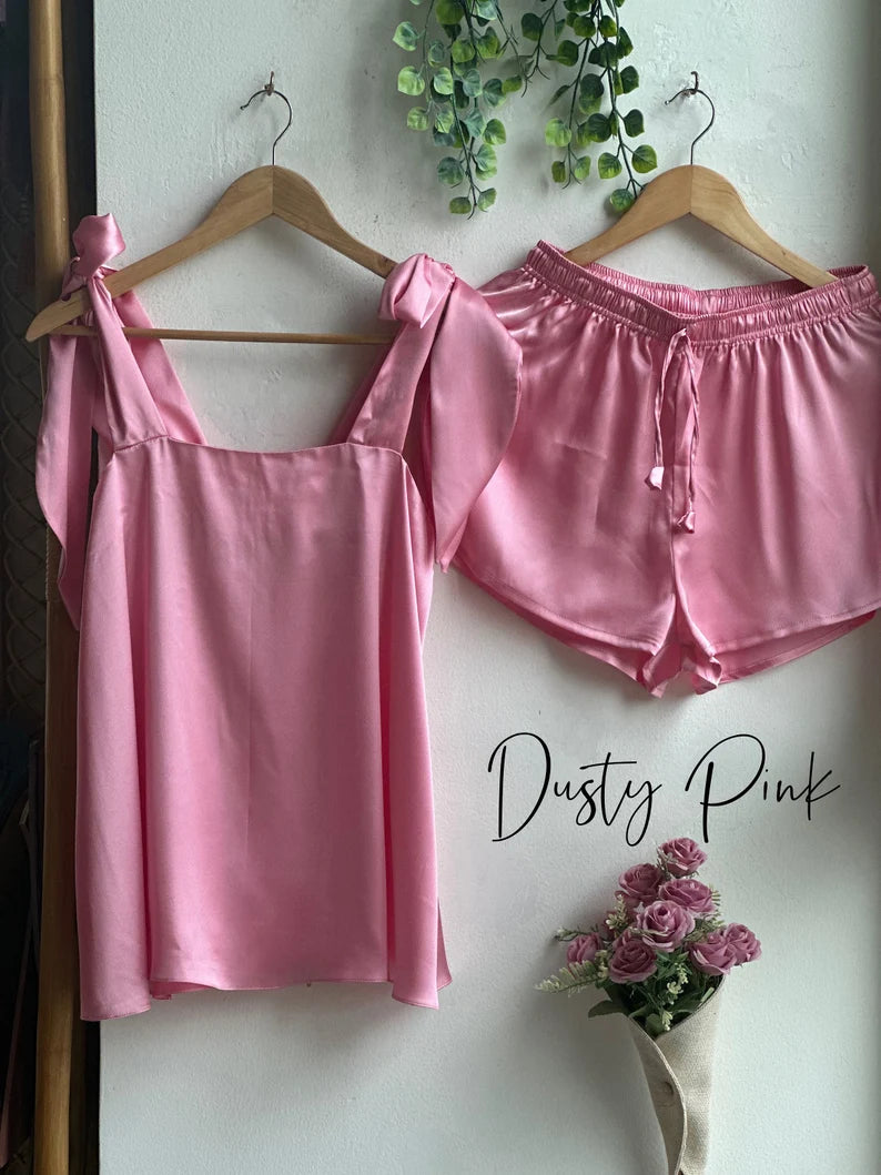 Satin Tie Knot Pajamas - Dusty Pink