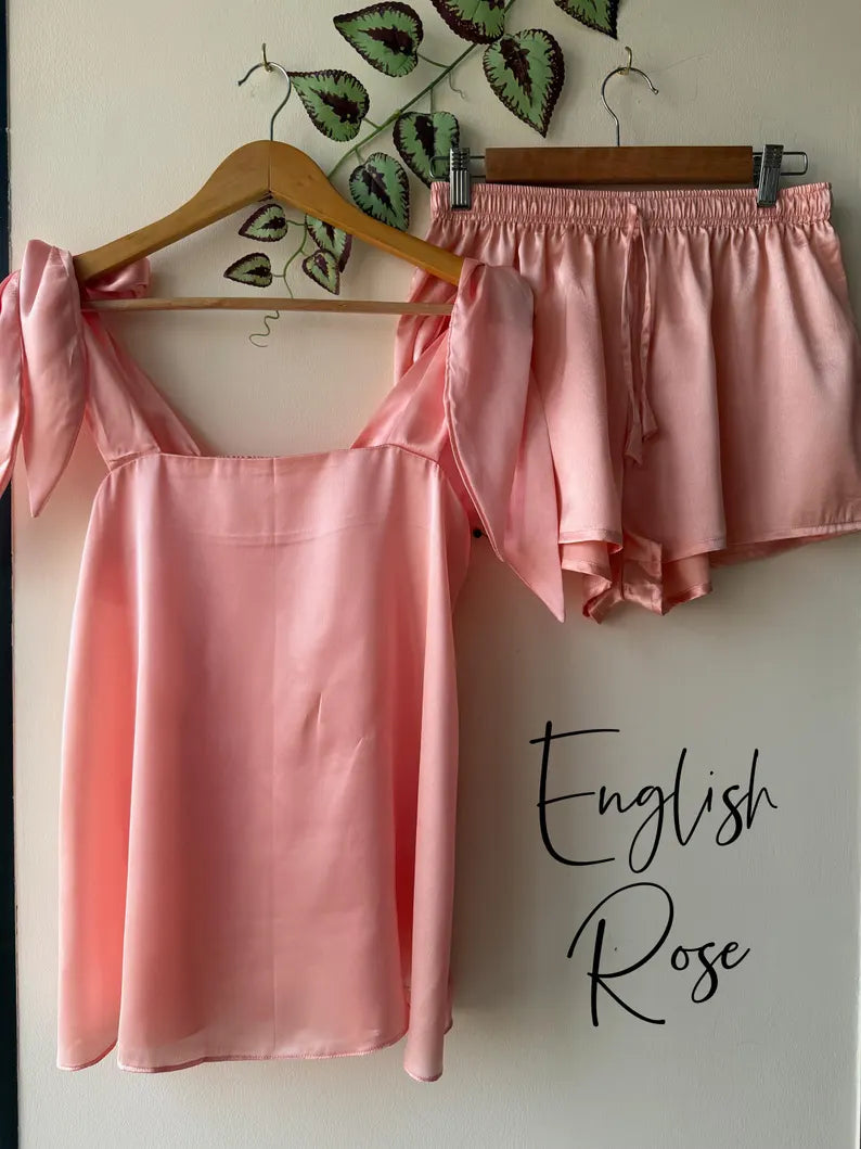 Satin Tie Knot Pajamas - English Rose