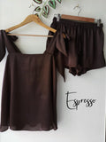 Satin Tie Knot Pajamas - Espresso