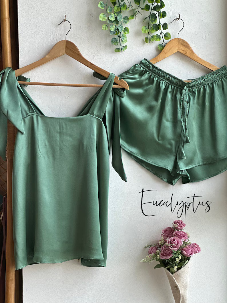 Satin Tie Knot Pajamas - Eucalyptus