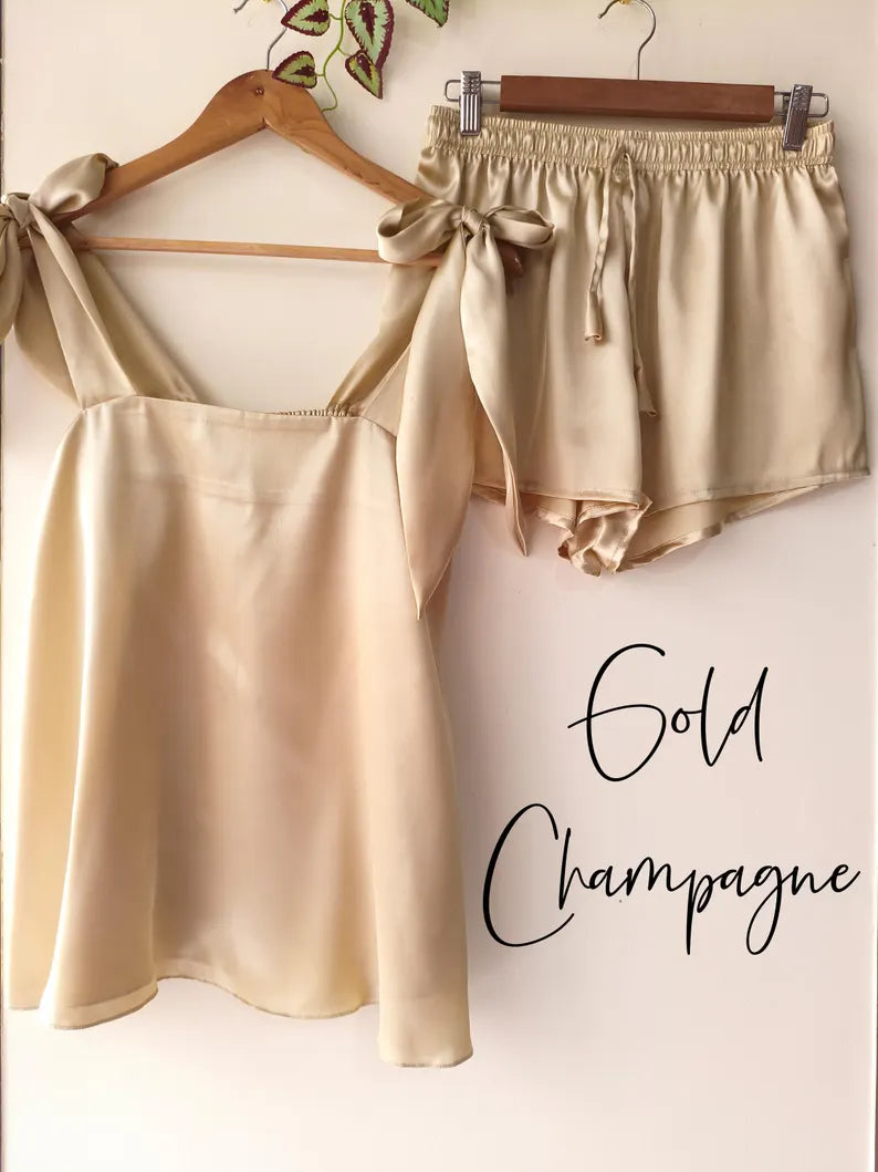 Satin Tie Knot Pajamas - Gold Champagne
