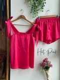 Satin Tie Knot Pajamas - Hot Pink