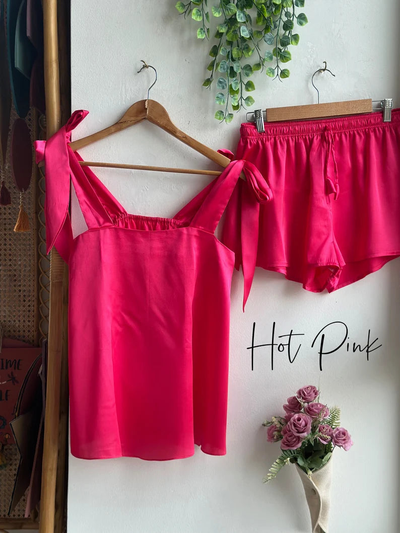 Satin Tie Knot Pajamas - Hot Pink