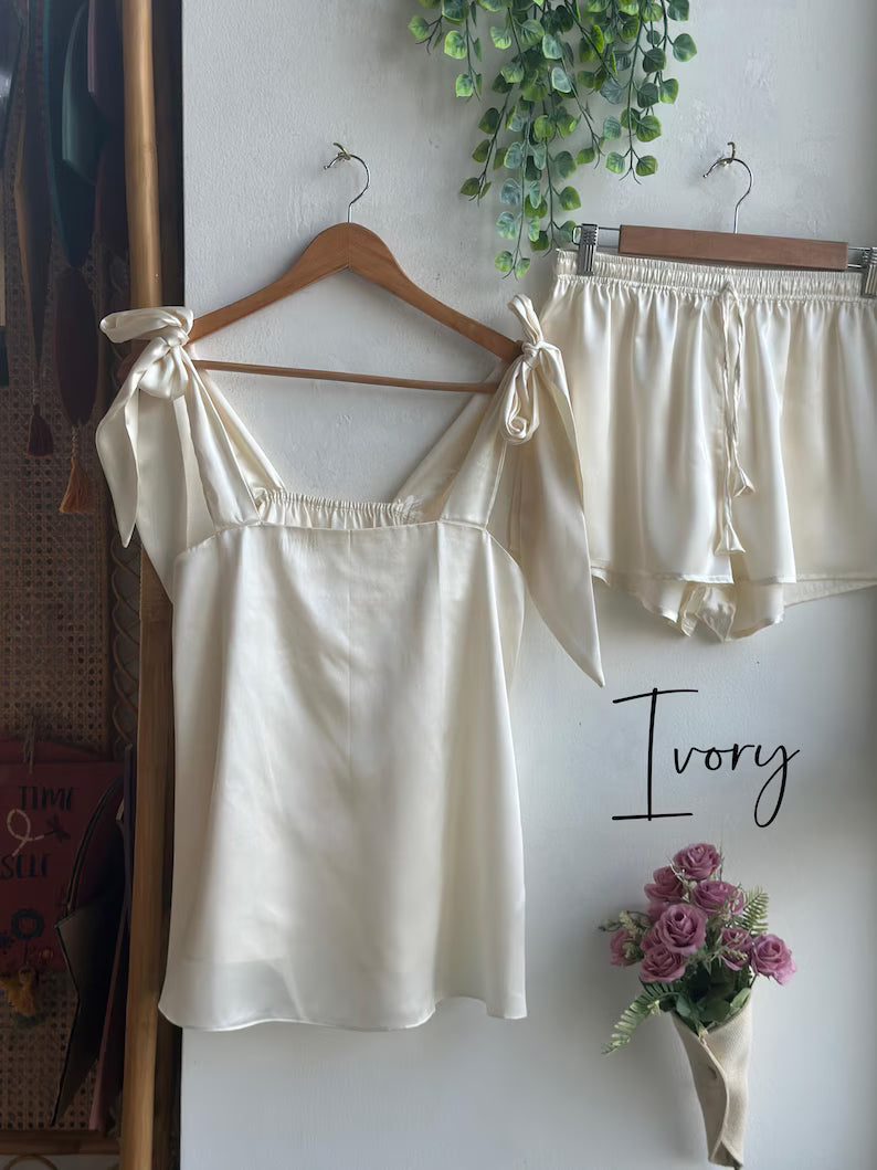 Satin Tie Knot Pajamas - Ivory