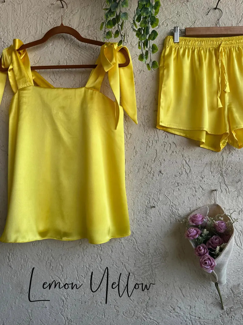 Satin Tie Knot Pajamas - Lemon Yellow