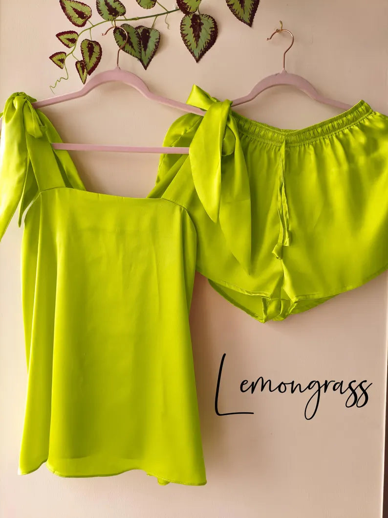 Satin Tie Knot Pajamas - Lemongrass