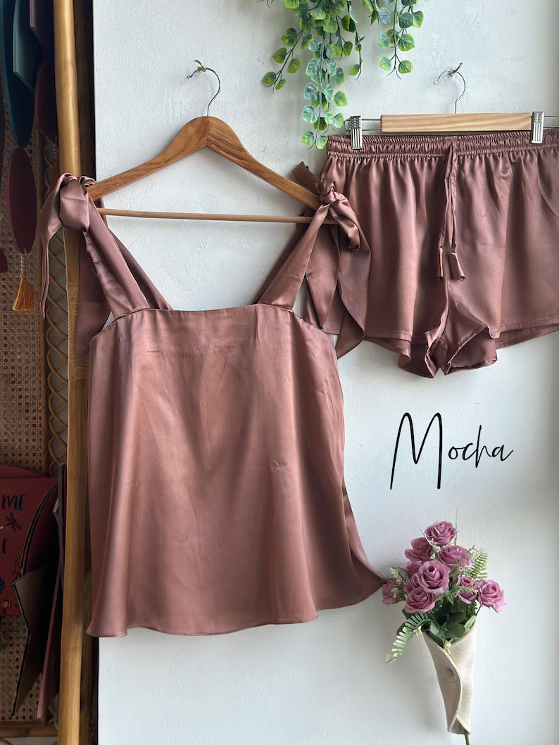 Satin Tie Knot Pajamas - Mocha
