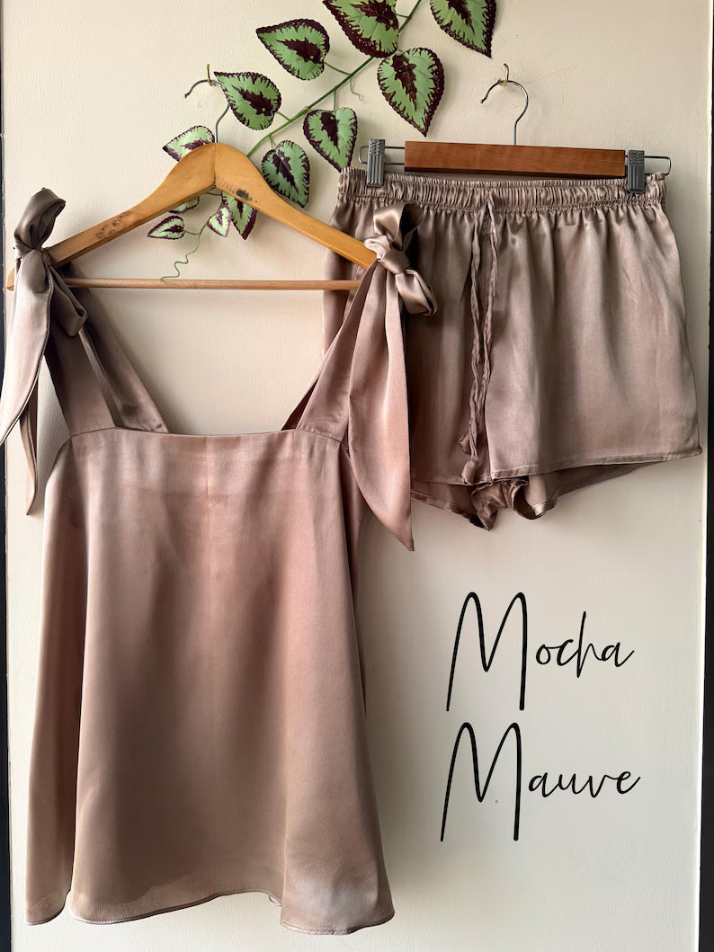 Satin Tie Knot Pajamas - Mocha Mauve