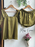 Satin Tie Knot Pajamas - Moss Green