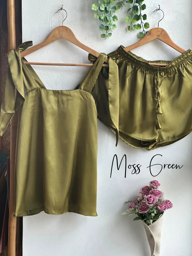 Satin Tie Knot Pajamas - Moss Green