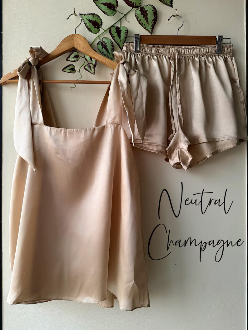 Satin Tie Knot Pajamas - Natural Champagne