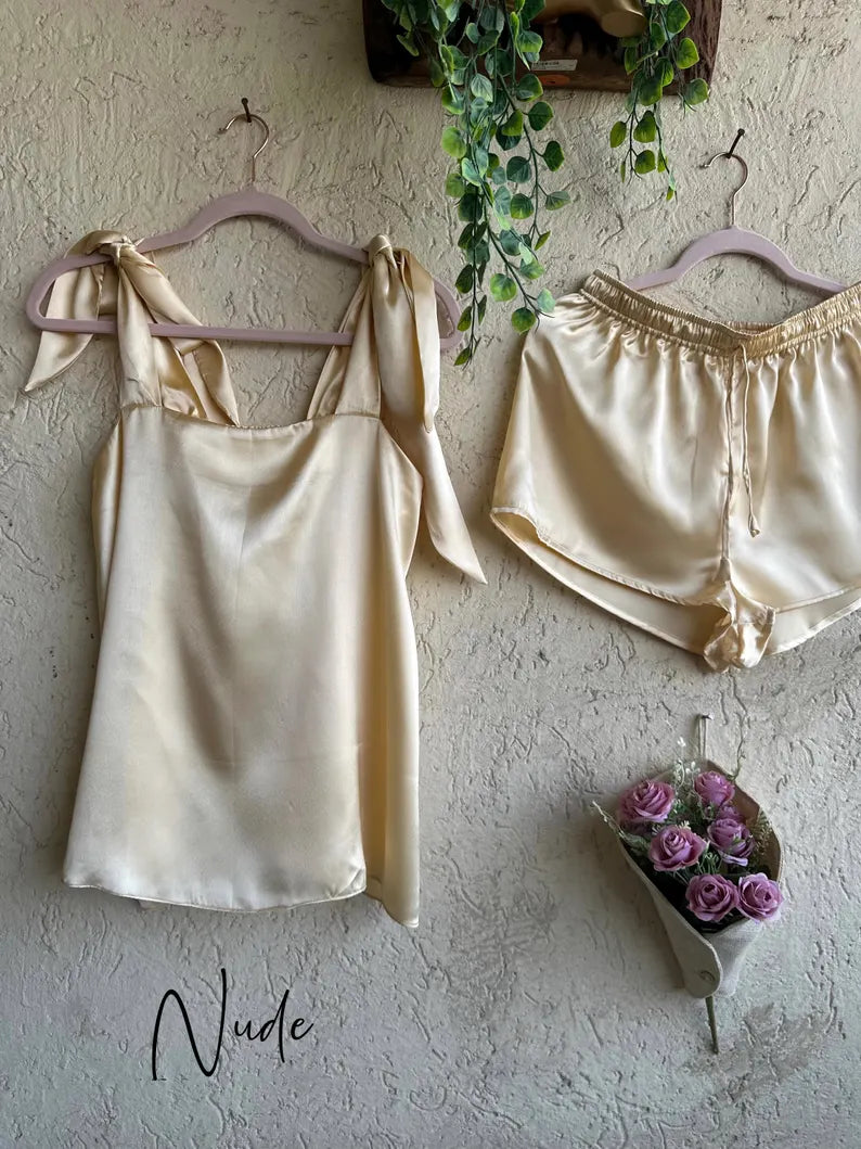 Satin Tie Knot Pajamas - Nude