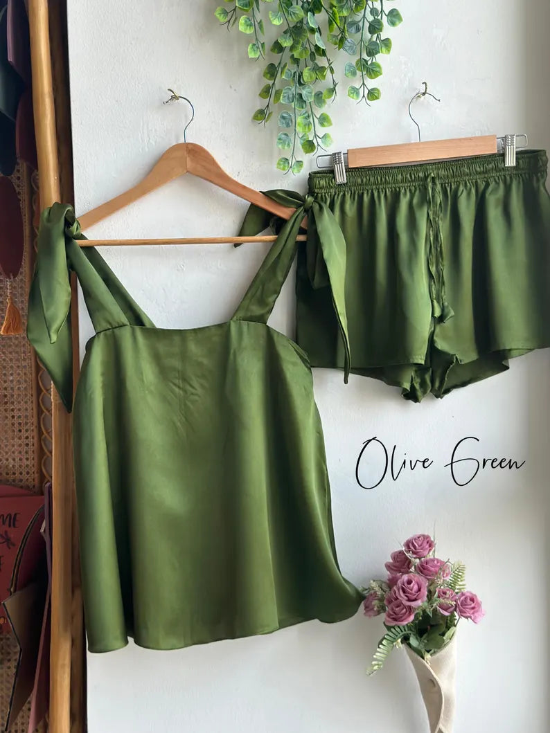 Satin Tie Knot Pajamas -Olive green