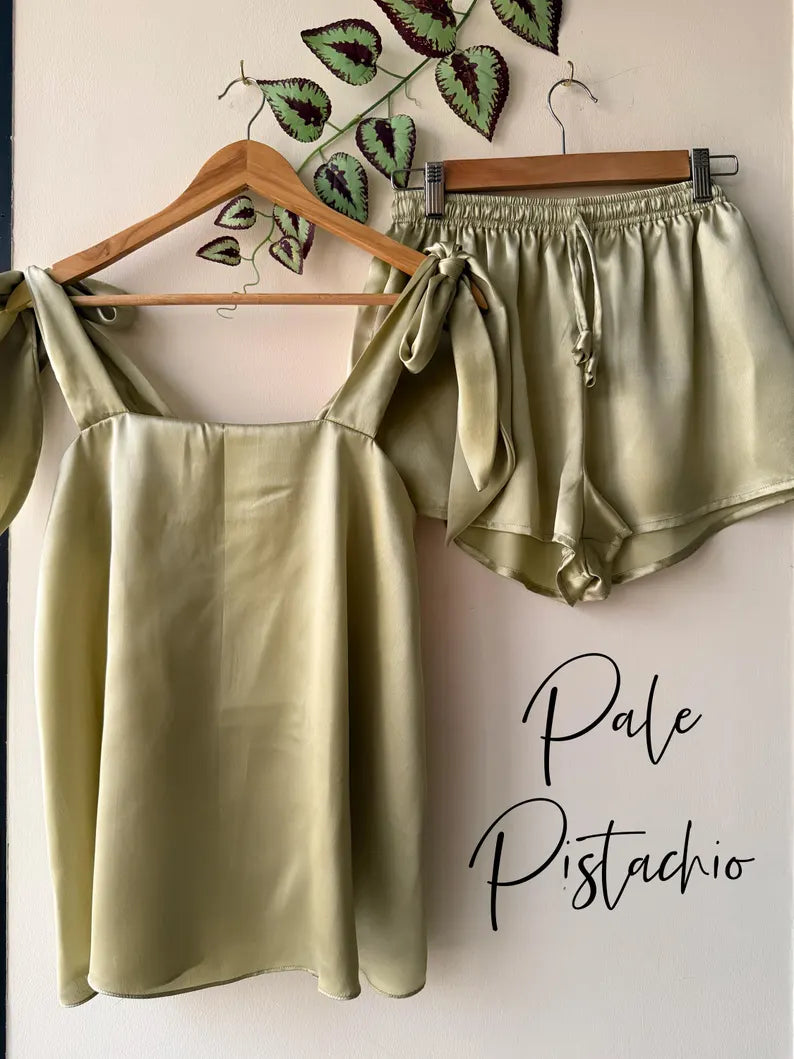 Satin Tie Knot Pajamas - Pale Pistachio