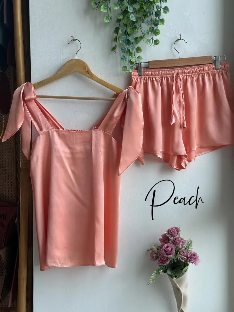 Satin Tie Knot Pajamas - Peach