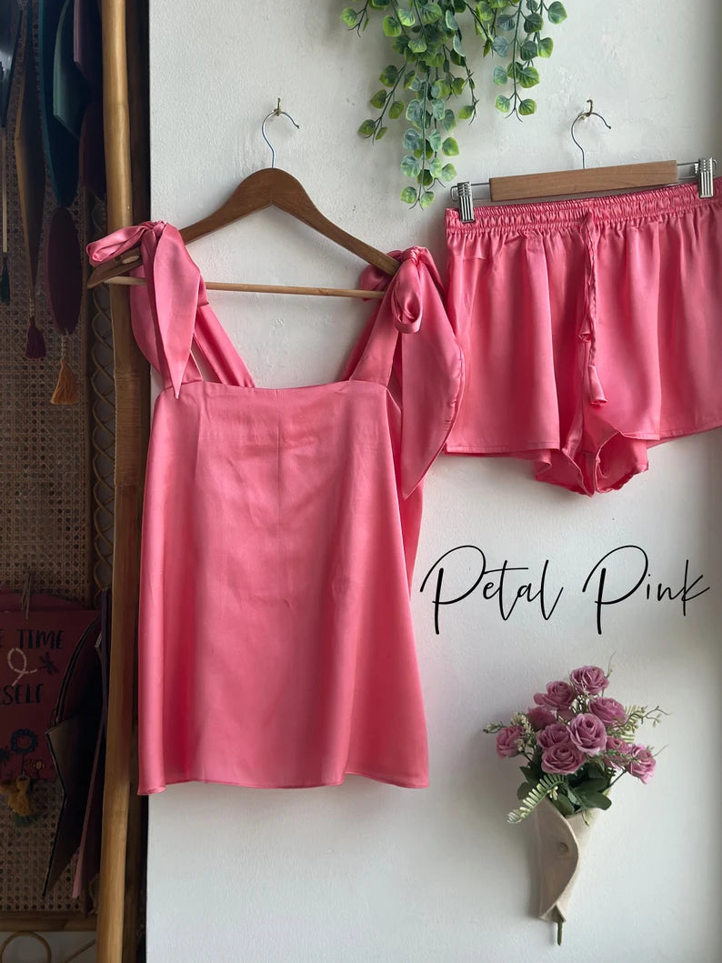 Satin Tie Knot Pajamas - Petal Pink