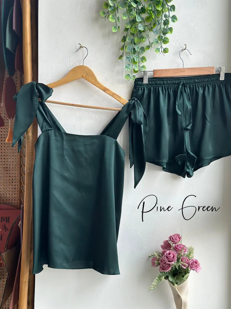 Satin Tie Knot Pajamas - Pine Green