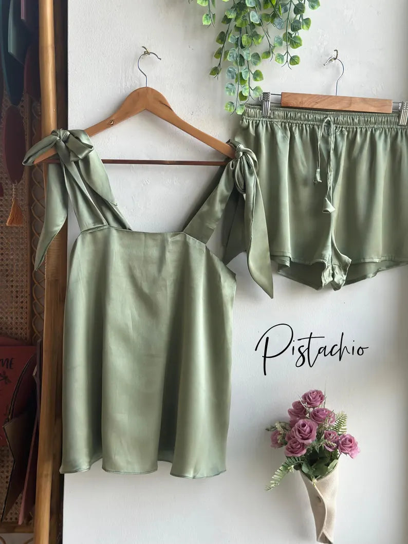 Satin Tie Knot Pajamas - Pistachio
