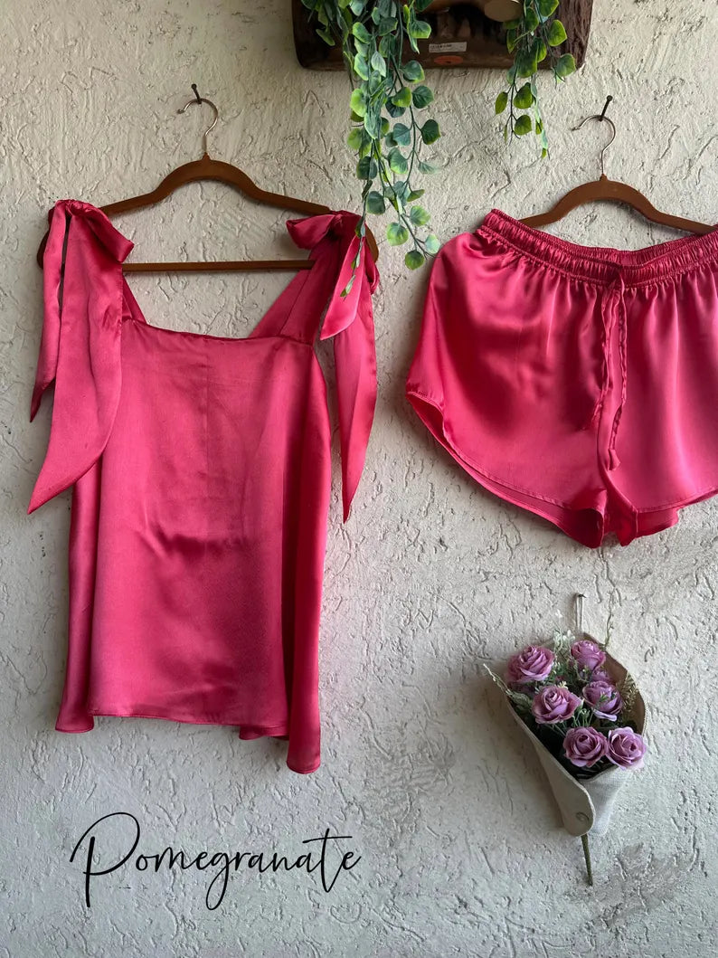 Satin Tie Knot Pajamas - Pomegranate