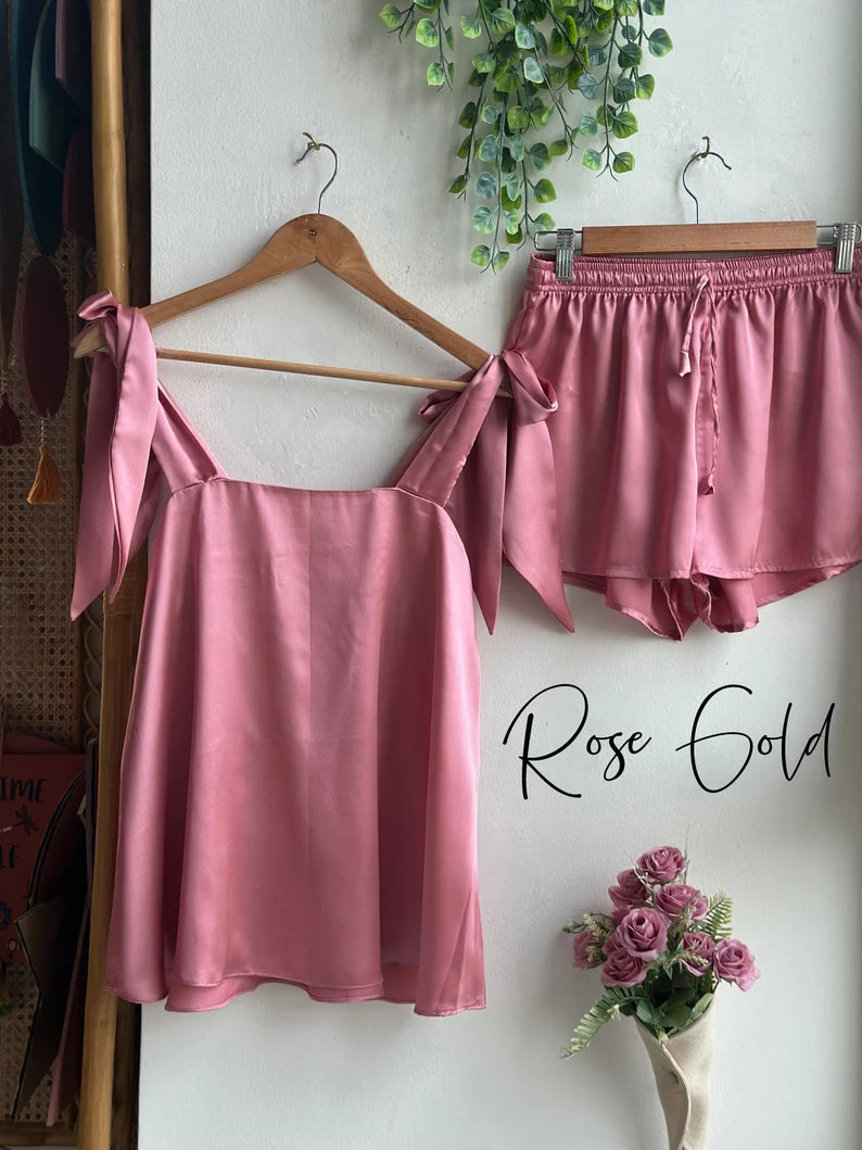 Satin Tie Knot Pajamas - Rose Gold
