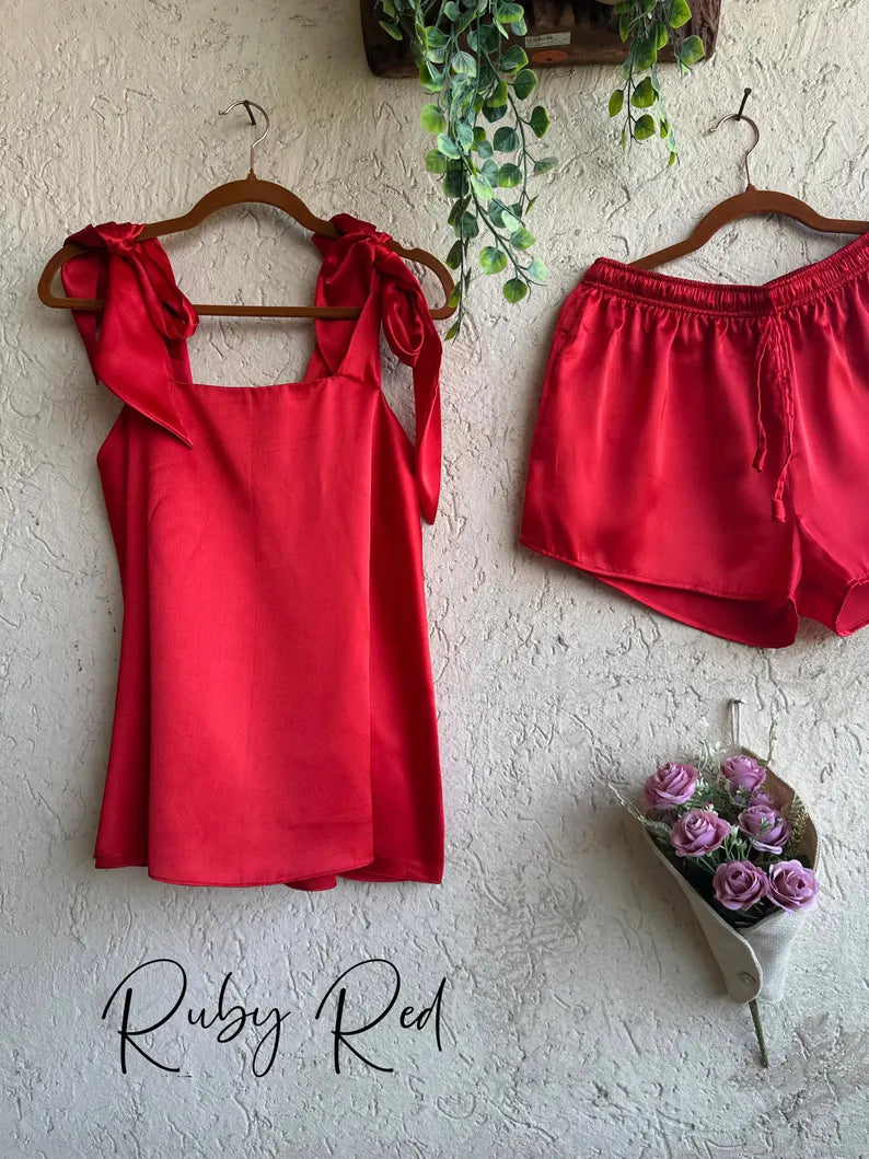 Satin Tie Knot Pajamas - Ruby Red