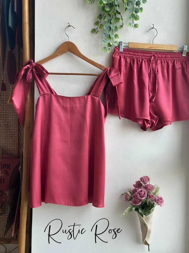Satin Tie Knot Pajamas - Rustic Rose