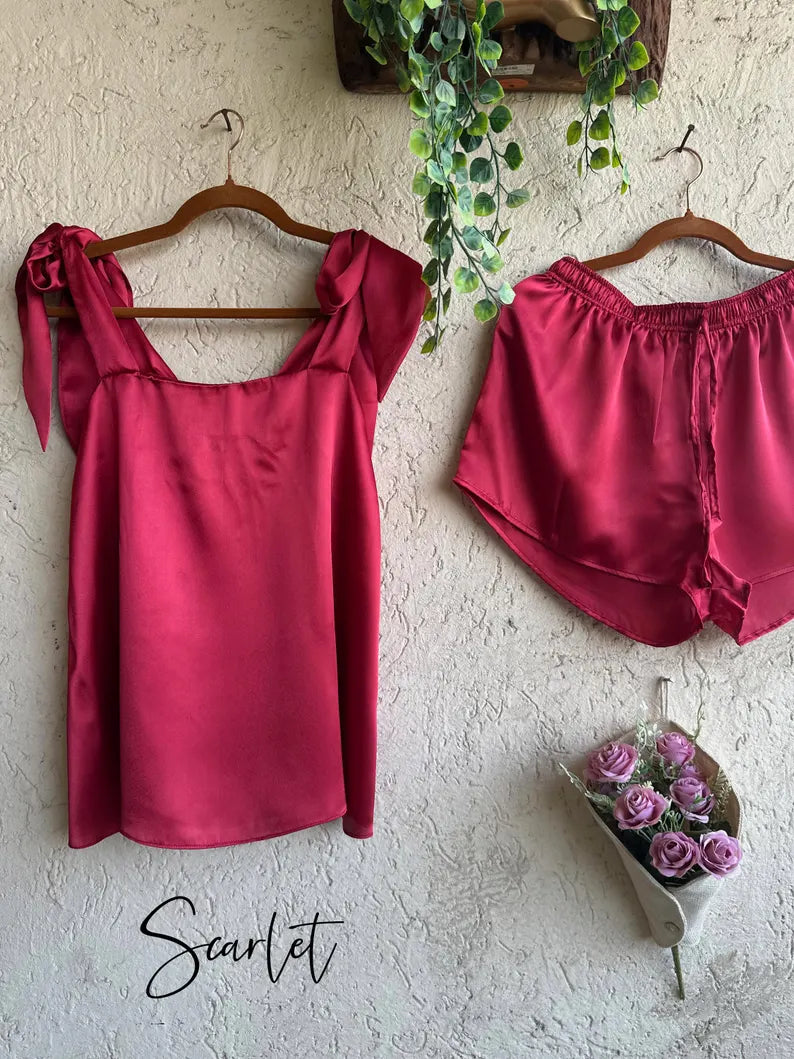 Satin Tie Knot Pajamas - Scarlet