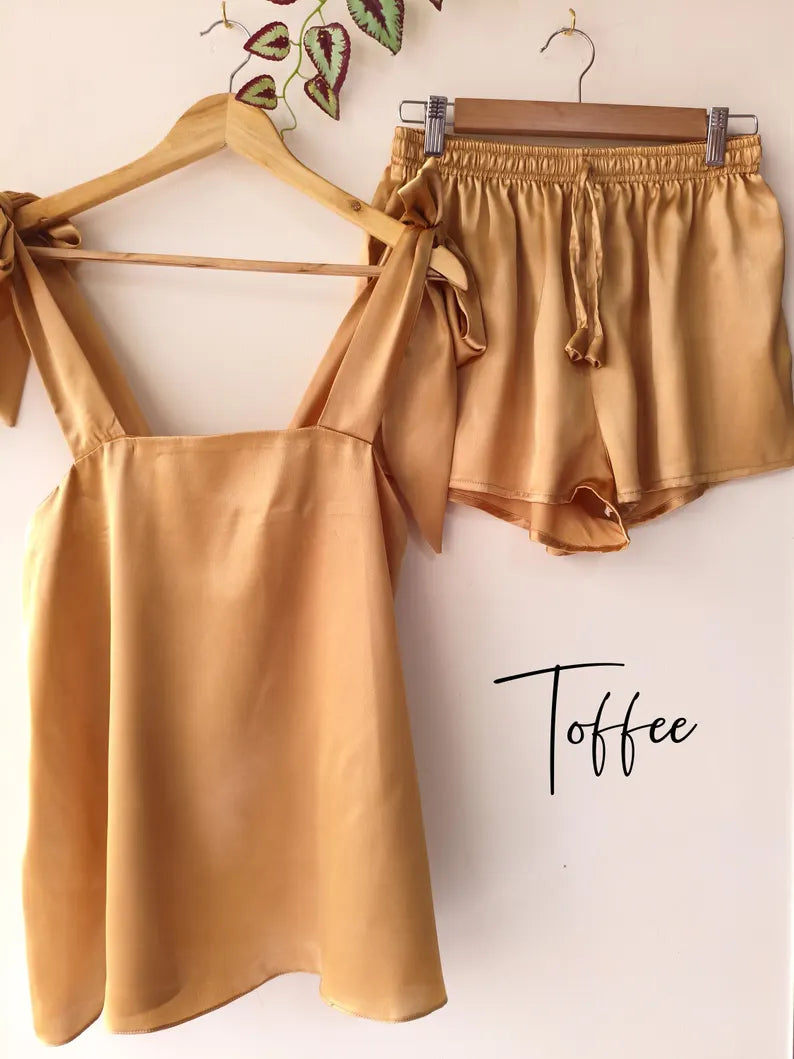 Satin Tie Knot Pajamas - Toffee