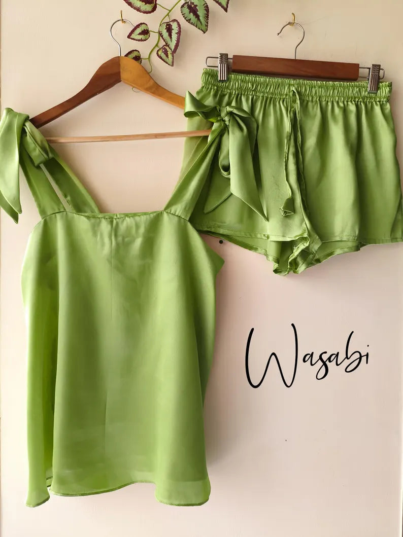 Satin Tie Knot Pajamas - Wasabi
