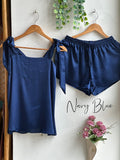 Satin Tie Knot Pajamas - Navy Blue