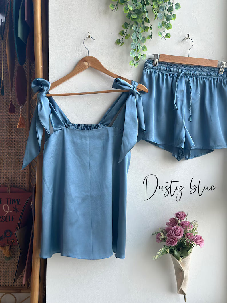 Satin Tie Knot Pajamas - Dusty Blue