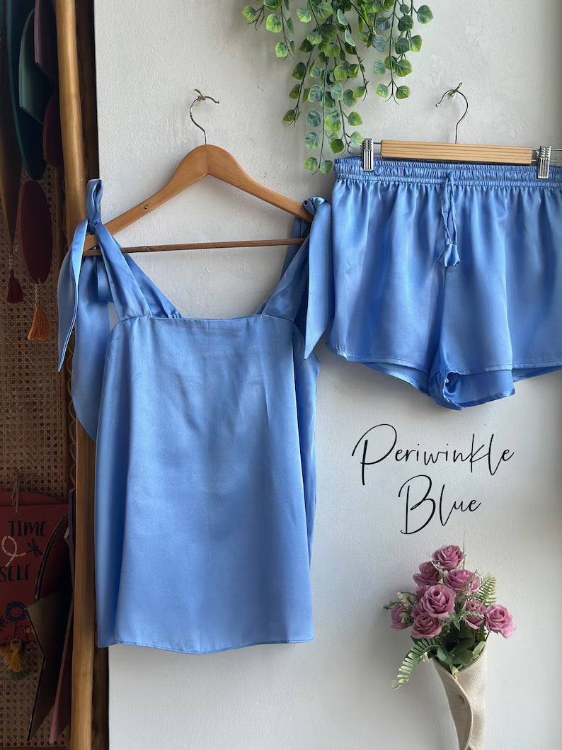 Satin Tie Knot Pajamas - Periwinkle Blue