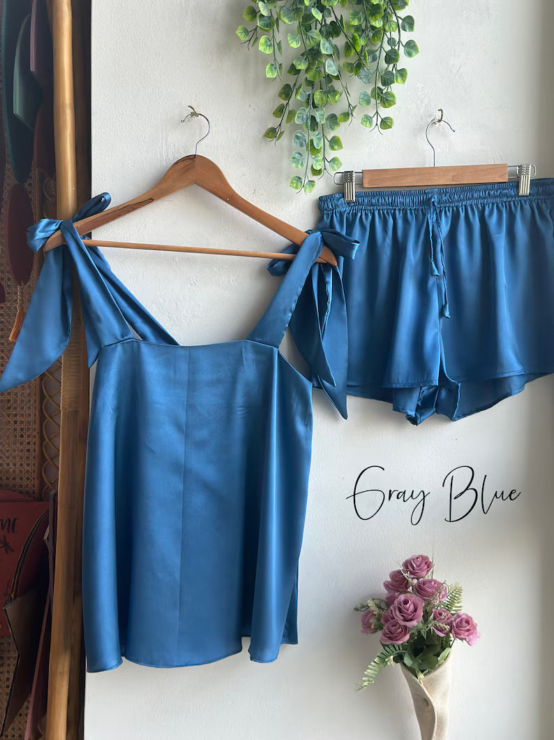 Satin Tie Knot Pajamas - Gray Blue