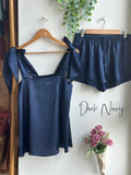 Satin Tie Knot Pajamas - Dark Navy