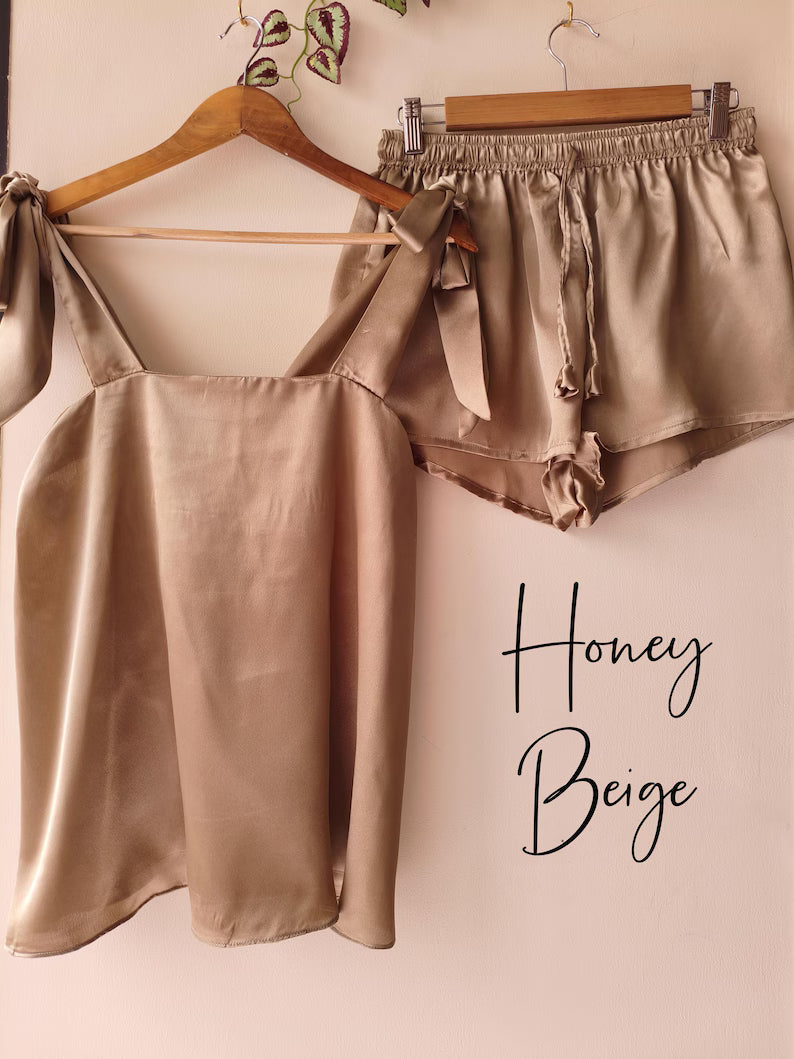 Satin Tie Knot Pajamas - Honey Beige